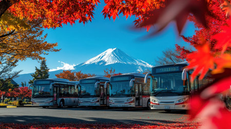 A charming image of a line of tour buses parked with the magnificent Mount Fuji in the background, framed by striking red autumn leaves, perfect for travel enthusiasts.の素材