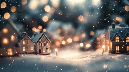 A charming winter village with softly glowing houses covered in snow, surrounded by a bokeh of sparkling lights, evoking a sense of warmth and holiday cheer.の素材