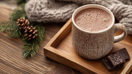 A comforting cup of hot cocoa, made with dark chocolate, placed on a wooden tray, promoting health and brain-boosting benefits in a cozy setting.の素材