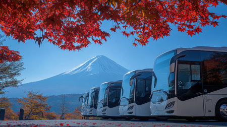 A charming image of a line of tour buses parked with the magnificent Mount Fuji in the background, framed by striking red autumn leaves, perfect for travel enthusiasts.の素材
