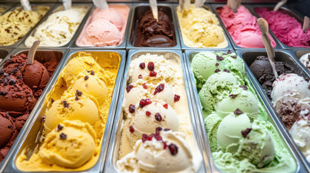 A colorful array of gelato in different flavors and toppings, beautifully presented in a display, enticing viewers with its vibrant hues and inviting presentation.の素材
