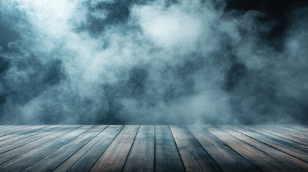 Smoky background with a wooden floor in the foreground, perfect for creating a dramatic, moody setting for product presentations or promotional content.の素材