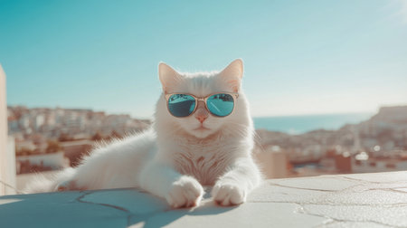 Sunglass-wearing white cat relaxing on a rooftop, focus on its cool and fashionable demeanor, playful and whimsical vibeの素材