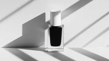 Minimalist shot of a nail polish bottle with a clear cap, positioned on a blank white background, clean and modern aestheticの素材