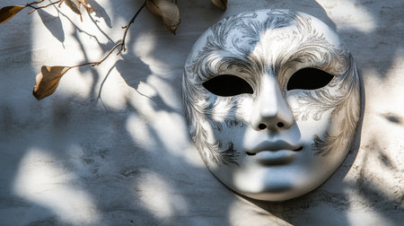 A mask covers a white face, casting shadows and adding an element of intrigue and abstraction to the sceneの素材