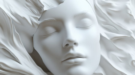 Closeup of a white face with a smooth mask, creating an abstract and mysterious visual effectの素材