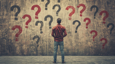 A man stands puzzled in front of a wall covered in question marks, contemplating the challenges aheadの素材