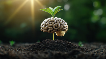 A captivating image showing a plant sprouting from a brain, symbolizing the interconnection between nature and human intellect. The sun's rays highlight growth and creativity.の素材