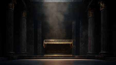 A captivating temple interior featuring a central altar surrounded by majestic columns, illuminated by soft light in a dark and atmospheric setting, evoking mystery.の素材