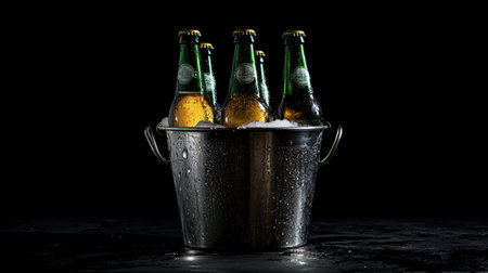 A metal bucket of cold beer bottles, condensation forming on the sides, set on a table with a dark black backgroundの素材