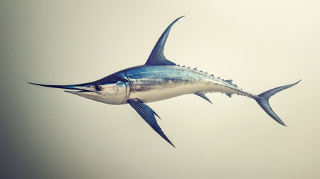 An action-packed image of a blue marlin swordfish soaring through the air, set against a white background, perfect for ocean-themed projectsの素材