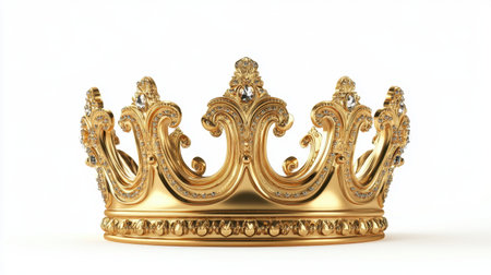 A shining golden crown with ornate designs, placed against a pure white background, symbolizing power and elegance -の素材