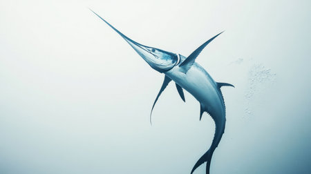 An action-packed image of a blue marlin swordfish soaring through the air, set against a white background, perfect for ocean-themed projectsの素材