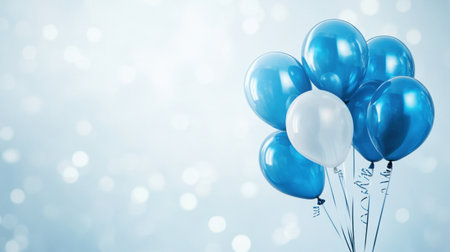 A party banner with vibrant blue balloons against a soft backdrop, setting the tone for fun and celebrationの素材