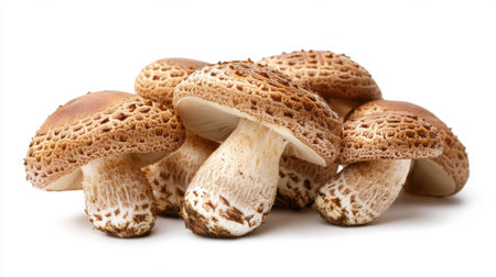 Edible Shimeji mushrooms with brown caps, isolated on a clean white background, showcasing their unique shape and textureの素材