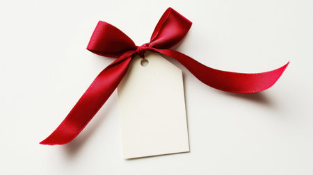 Minimalist blank gift tag with a red ribbon bow, isolated on a white background, perfect for holiday gifts or special occasionsの素材