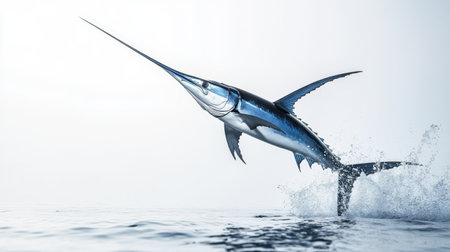 A striking blue marlin swordfish in mid-jump, isolated on a white background, showcasing its beauty and grace in ocean watersの素材
