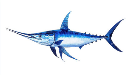 A vibrant blue marlin swordfish mid-jump, showcasing its sleek body and distinctive features, isolated against a clean white backdropの素材