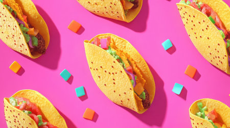 A vibrant digital illustration featuring a retro taco pattern, showcasing colorful tacos in a playful arrangement against a bright backgroundの素材