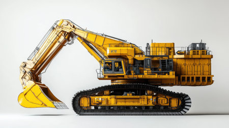 Large yellow excavator isolated on a white background, highlighting the power and precision of construction machineryの素材