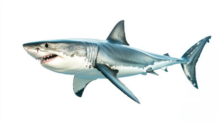 Great white shark in full view, isolated on a white background, capturing its strength and the detail of its powerful formの素材