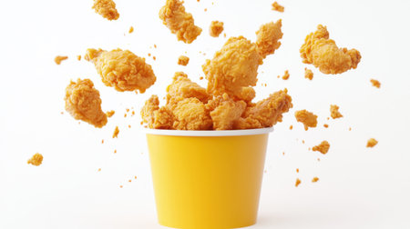 Golden fried chicken soaring out of a fast-food bucket, isolated on a white background, emphasizing texture and movement -の素材