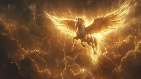 Pegasus soaring in the sky with lightning flashing around, creating a powerful and mystical fantasy scene of grace and strengthの素材