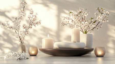 A peaceful 3D illustration of a calm setting, symbolizing stress relief and joy, with soft light and serene colors creating a soothing atmosphere.の素材