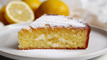 Sweet and tangy Italian lemon ricotta cake, dusted with powdered sugar, presented on a white plate against a light backgroundの素材