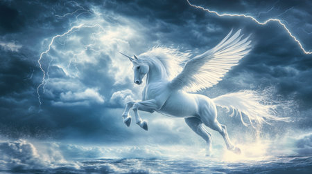 Majestic Pegasus flying gracefully in a lightning-filled sky, with its white wings illuminated by the stormy backdropの素材