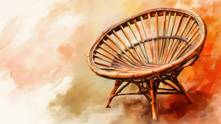 A low-angle view of a traditional bamboo chair, emphasizing its natural textures and warm tones, styled in a watercolor painting technique with a focus on elegance and craftsmanship.の素材