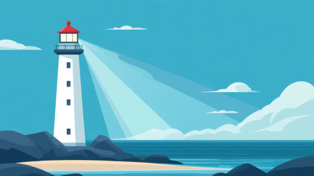 A towering lighthouse standing tall on the shore, its light beaming out to guide ships safely through the night, symbolizing safety and direction.の素材