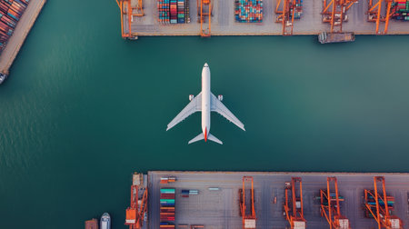 Airplane soaring over a busy cargo terminal with containers and cranes below, symbolizing the global scale of air freight and international trade.の素材