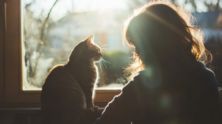 A person and their cat sitting by a sunlit window, sharing a calm moment together, the light outside highlighting the peacefulness of the scene.の素材