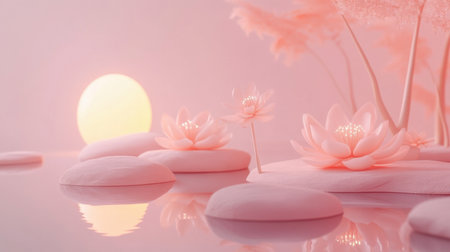 A peaceful 3D illustration of a calm setting, symbolizing stress relief and joy, with soft light and serene colors creating a soothing atmosphere.の素材