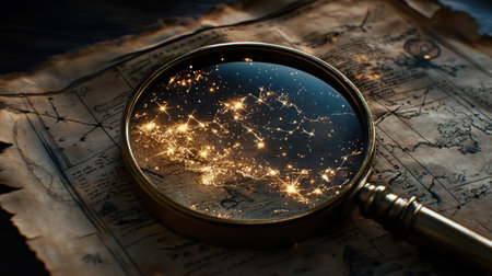 A magnifying glass over an old treasure map, uncovering hidden constellations that glow against the aged paper, merging celestial and pirate themes.の素材