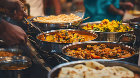 A lavish buffet spread featuring an assortment of Indian curries, naan, and breads, vibrant spices and aromatic dishes creating a feast for the senses.の素材