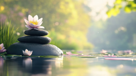 A peaceful 3D illustration of a calm setting, symbolizing stress relief and joy, with soft light and serene colors creating a soothing atmosphere.の素材