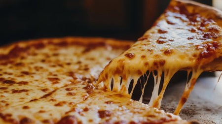 Gooey cheese pizza being pulled apart, the dynamic stretch of cheese creating a mouthwatering focus on indulgence in a classic pizzeria setting.の素材