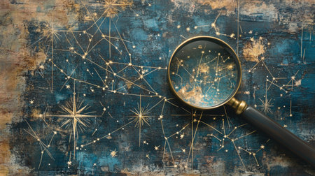Detailed illustration of a magnifying glass highlighting constellations on a weathered treasure map, bringing together mystery, exploration, and stargazing.の素材