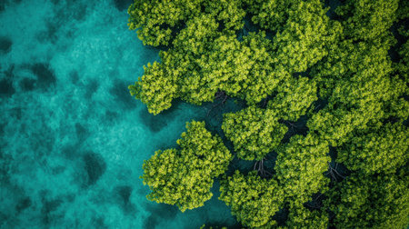 Overhead view of mangroves along the coast, their roots submerged in tidal waters, a vital habitat in tropical environments.の素材
