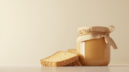 Jar of organic nut butter and slices of bread, captured in a 3D illustration emphasizing texture and natural ingredients, with a clean background for copy space.の素材