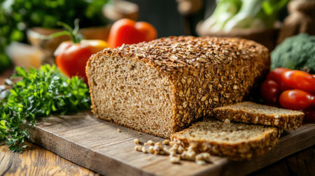 Organic whole wheat bread with vibrant fresh produce on a wooden surface, with a clear backdrop for overlay text, highlighting health and sustainability.の素材