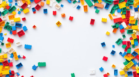 A lively image featuring a bright white backdrop filled with scattered colorful Lego bricks of various shapes, inviting creativity and exploration in a playful setting.の素材