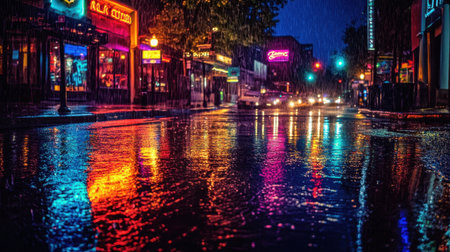 Light rain falls over a city street at night, with reflections of neon signs and streetlights shimmering on the wet pavement.の素材