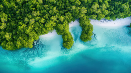 Mangrove forest from above, showing lush greenery and complex root systems stretching into the water, an essential ecosystem in coastal environments.の素材