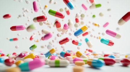 A pile of colorful capsules, representing different medicines or supplements, falling onto a smooth surface in a vibrant, dynamic scene.の素材