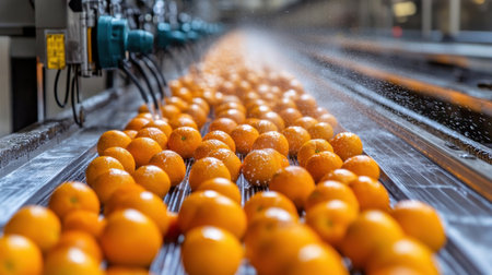 A large-scale washing process in an orange processing plant, with oranges moving along a conveyor belt, sprayed by water jets for thorough cleaning.の素材