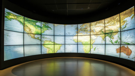 A captivating image of a large curved digital display wall, showcasing detailed regional maps across multiple screens, designed with a clean aesthetic for modern presentations. eaf2の素材