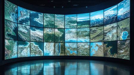 A large curved digital display wall featuring multiple screens showcasing detailed maps of different regions, designed with a clean and modern aesthetic for tech presentations.の素材